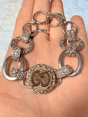 Gucci upcycled Silver-Tone Link Bracelet with Brown Woven Medallion charm